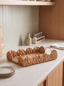 1 Scalloped Edge Handwoven Water Hyacinth Tray With Handles, Round & Rectangular Woven Storage Basket, Kitchen Counter Fruit Bread Snack Organizer Tray, Vanity Decor Caddy For Bathroom Bedroom Coffee Table Rustic Home Tabletop Decoration Storage Tray - View 5
