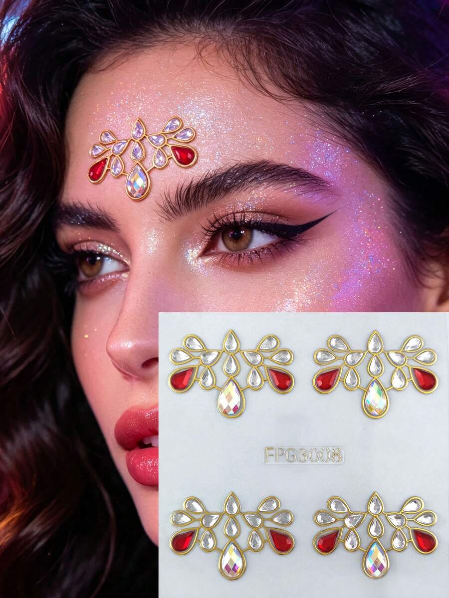 1 pieza Pegatina de cristal de estilo bohemio para la cara, cristal rojo en forma de lágrima + cristal transparente, pegatina de cristal autoadhesiva para la cara, adecuada para festival de música, carnaval, fiesta de disfraces, Halloween, fiesta temática - Multicolor - Ver 1