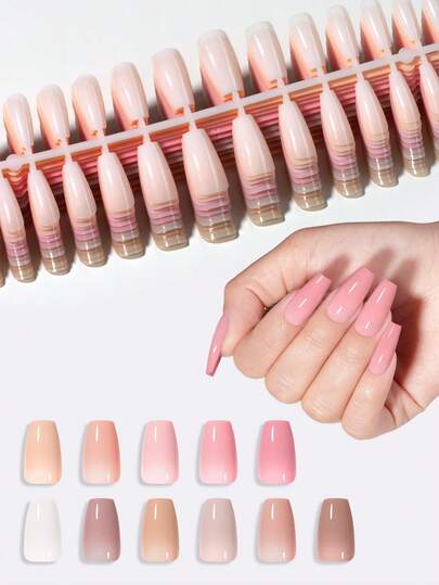 TOMICCA 112/140/308pcs (11 Colors) Medium Coffin Shape Solid Color Press-On Nail Stickers, Brown, Light Brown, Pink, Cream White, Camel, Medium Acrylic Fake Nails, Suitable For Women And Girls Daily, Holiday, Party Occasions