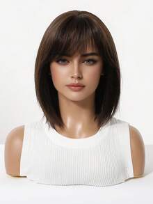 Topshe 12 Inch Short Layered Bob Synthetic Wig With Air Bangs, Suitable For Women's Daily Wear, Straight Natural Hairstyle, Dark Chestnut Brown/Yellow Brown, Heat Resistant And Styleable, Beginner-Friendly Wig - Multicolor - View 2