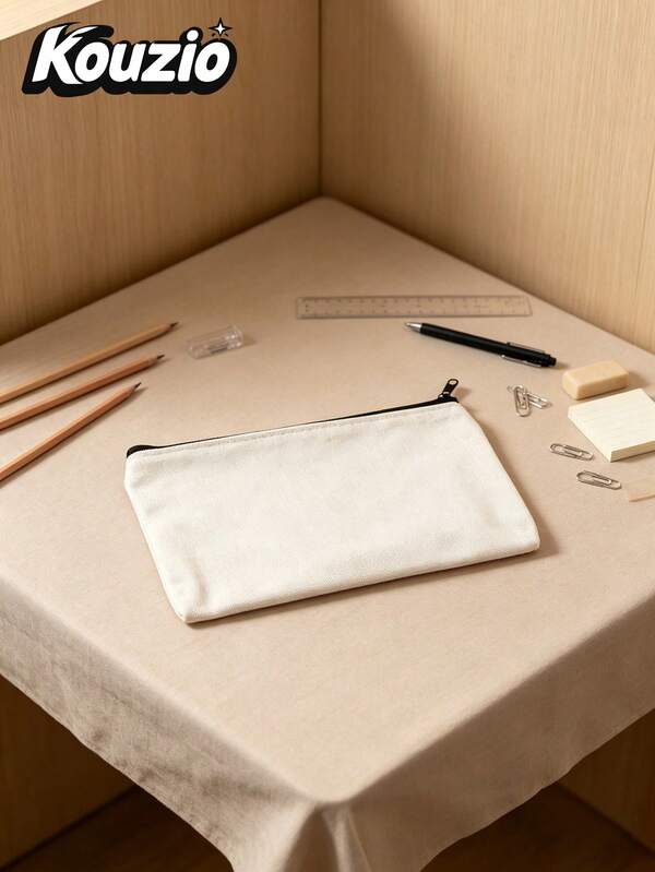 1/5pcs Blank White Canvas Pencil Bag With Black Zipper,Plain Empty DIY Craft Canvas Stationery Pouch,Portable Minimalist Zipper Pen Storage Case For Office Classroom Supplies,Back To School Basic Multipurpose Bag For Cosmetics Small Travel Essentials
