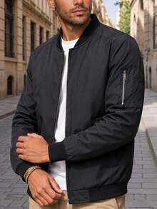 Men's Casual Baseball Collar Jacket, Black Lightweight Zip-Up Cardigan, Suitable For Spring/Autumn, Daily/Commute/Outdoor Wear - Black - View 7