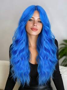 Dark Blue Wig With Bangs For Women, 26 Inch Wavy Synthetic Wig Heat Resistant Synthetic Fiber, Trimmable Bangs, Lightweight For Daily Wear, Cosplay, Parties, Festivals, And Halloween - Multicolor - View 2