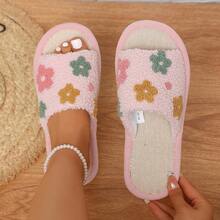 Floral Plant Fresh Soft Fuzzy Comfortable Flat Slippers For Home Floor - Pink - View 6