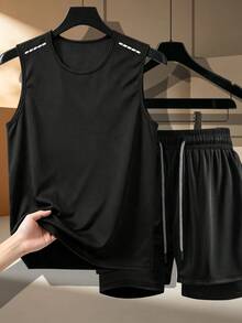 2pcs/Set Men's Sports & Fitness Outfit, Vest + Shorts, Summer Indoor/Outdoor Workout Running Set Black - Black - View 6