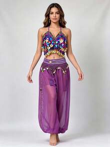 V Neck Multicolor Sequin Coin Halter Dance Crop Top Coin Tassel Waist Belt Chiffon Loose Cuffed Harem Pants Exotic Stage Performance Dance Outfit - Multicolor - View 9