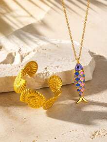 VceTd 2PCS Ocean Vacation Style Stainless Steel Women's Jewelry Set With Fish/Shell Pendant Design, Suitable For Daily Wear Or Beach Vacation Or Gift - Yellow Gold - View 8