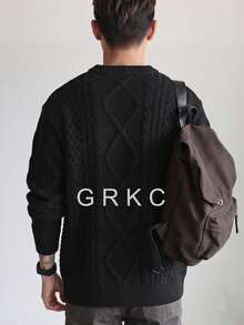 GRKC 秋冬中性復古舒適休閒純色粗繩編織圓領套頭毛衣 - 黑色 - 查看 5