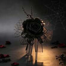 1pc Halloween Sweet & Dark Gothic Style Fabric Black Rose Brooch Set, Spider Skeleton Frame & Realistic Eyeball Decor Corsage Hand Flower, Halloween Party Cosplay Ball Gothic Costume Brooch Accessory - Black - View 9