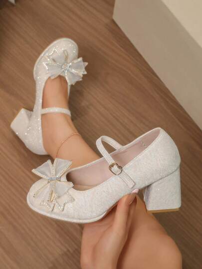 Off White Glitter Bow Mary Jane Shoes For Women, Round Toe Tulle Rhinestone Bow Single Strap Metal Buckle Block Heel Fairy Dress Pumps