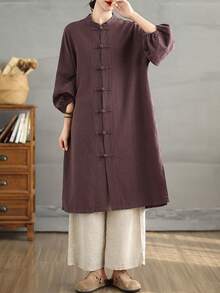 Women Vintage New Chinese Style Linen Long Tunic Coat, Stand Collar Frog Closure, Loose Fit Lantern Sleeve Solid Color Casual Open Front Jacket - Purple - View 3