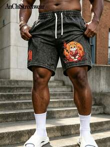 AnChiStreetwear--Men's Plus Size Fashion Japanese Style Samurai Cat Graphic Print Streetwear Washed Distressed Black Vintage Elastic Drawstring Shorts, Suitable For Street, Outdoor, Dating, Sports, Fitness, Daily Wear - Black - View 1