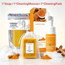 4pcs Turmeric Facial Cleansing Set, Including 30 Facial Wipes, 1/3/5 Pieces Of Handmade Turmeric Kojic Acid Soap, And 1 Bottle Of Turmeric And Damascus Rose Facial Cleansing Mousse. It Provides Deep Cleansing And Moisturizing,Skin Care Products - 黃色 - 查看 15