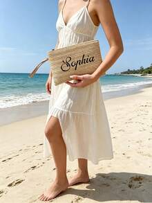 Personalized Embroidered Straw Handbag, Customized Bohemian Style Zipper Storage Bag With Wrist Strap And Zipper, Bridesmaid Makeup Bag, Summer Beach Vacation Clutch - Multicolor - View 10