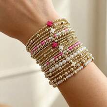 Women's Gold Tone Beaded Bracelet Set, Faux Pearl & Pink White Cross Charm Stretch Bracelets, Stackable Boho Jewelry For Daily Wear, Vacation & Party - Gold - View 2