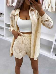 Apricot Lace 2-Piece Set For Women Including Long Sleeve Hollow Loose Top And Elastic Waist Shorts Beach Cover-Up Summer Elegant - Apricot - View 2
