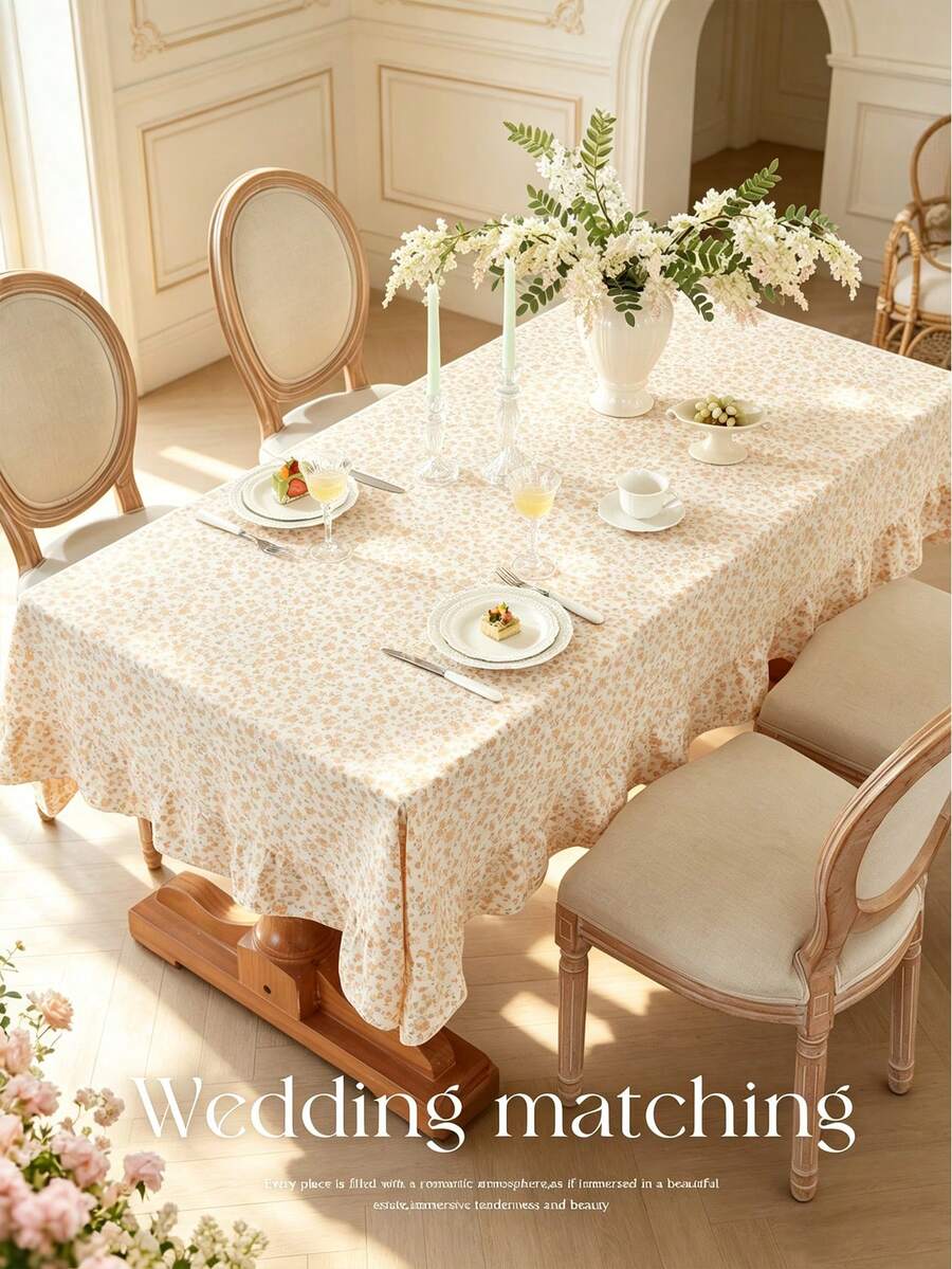 1pc Tablecloth With Scalloped Lace Trim, Polyester Fabric, Pale Yellow Floral Pattern, Rectangular/Square Tablecloth, Suitable For Dining Room And Living Room Tabletop Decoration