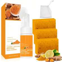 4Pcs Turmeric Wash And Care Three Piece Set,Tuemeric Facial Cleanser & Turmeric Soap Bar & Turmeric Face Scrub Pads,Face & Body Cleanser,Turmeric Cleansing Skincare Set, Deep Cleansing - 黃色 - 查看 2