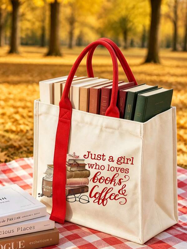 Tote Bag With Ribbon, Letter Book Coffee Print, Canvas Makeup Bag With Tassel Zipper, Linen Handheld Storage Bag, Foldable Multi-Functional Shopping & Storage Bag, Suitable As Supermarket Shopping Bag, Beach Carry Bag, Daily Shoulder Bag, Makeup Bag, Carry Bag, Storage Bag, Travel Bag, Practical For Adults, Office Workers, Teachers, Students And Housewives, Also A Thoughtful Gift For Graduation, Back To School, Teacher's Day For Friends, Family And Colleagues