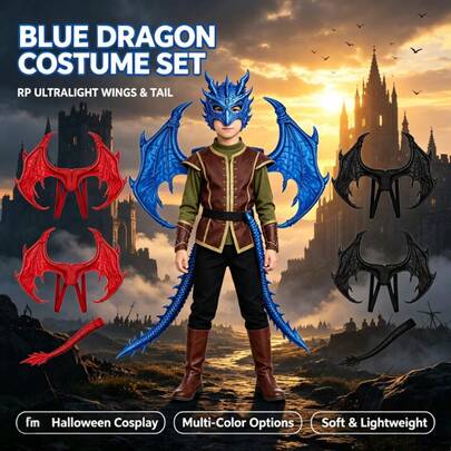Conjunto de disfraz de dragón RP mejorado - Decoración de fiesta de Halloween Alas de dragón - Cola - Máscara - Cosplay - Conjunto de disfraz de fiesta - Juego interactivo - Regalo