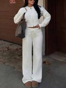 Women's Ribbed Knit 2 Pieces Set, Fashionable Short Double Zipper Sweater With Drawstring Wide Leg Pants, Autumn/Winter Warm Outfit - White - View 1