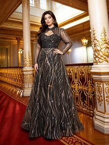 Plus Size Elegant Sequin Embroidered Beaded Full Skirt A-Line Long Formal Dress, High Neck Long Sleeve Waist-Cinching Design, Suitable For Parties And Weddings - Black - View 5