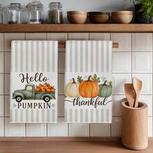 2PCS Kitchen Towels Valentine's Day Simple Striped Green Truck Pumpkin Print Microfiber Absorbent Kitchen Towels, 40*60cm Rectangular Dish Cloth, Tablecloth, Hand Towel, Kitchen Decor, Neighbor Housewarming Gift, Kitchen Napkins And Dish Cloth, Home Decor - Grey - View 1