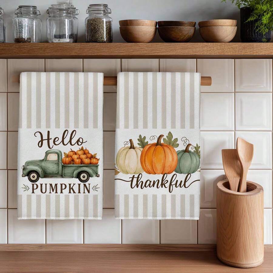 2PCS Kitchen Towels Valentine's Day Simple Striped Green Truck Pumpkin Print Microfiber Absorbent Kitchen Towels, 40*60cm Rectangular Dish Cloth, Tablecloth, Hand Towel, Kitchen Decor, Neighbor Housewarming Gift, Kitchen Napkins And Dish Cloth, Home Decor - Grey - View 1