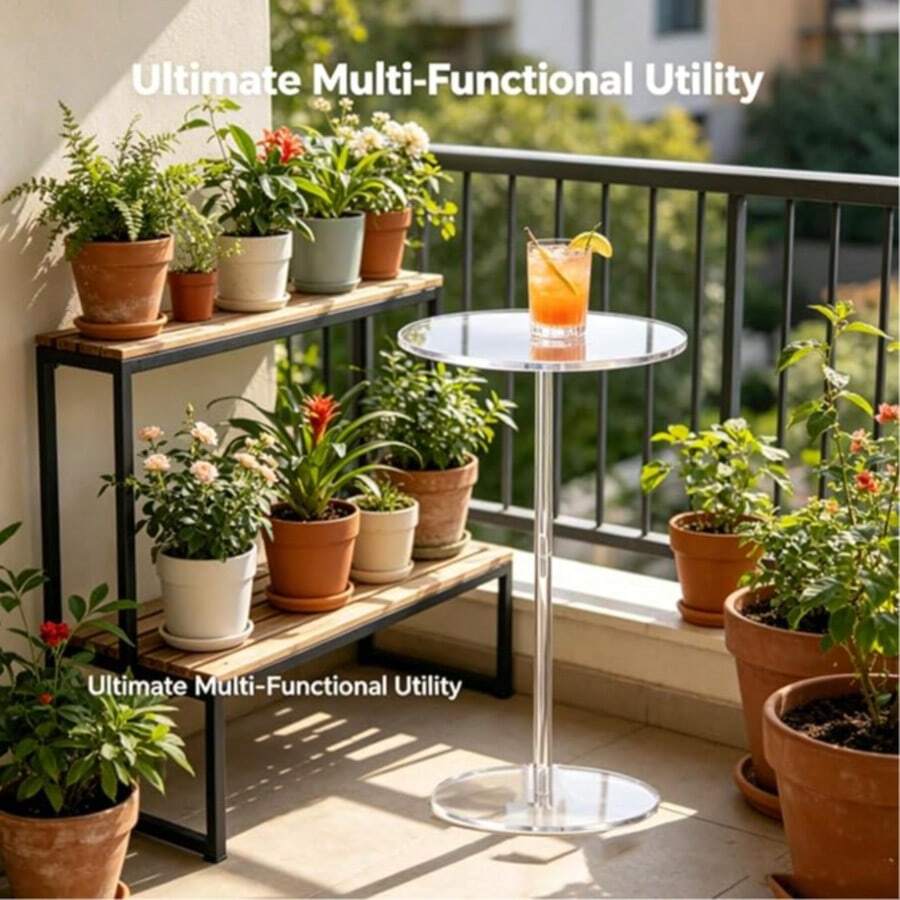 Modern Round Acrylic Side Table, 10-Inch Clear Cocktail Table, Multi-Functional Indoor/Outdoor Side Table And Coffee Table, Space-Saving Design, Can Be Used As Bar Table Or Decorative Table - Transparent - View 1