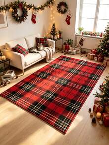 1pc Christmas Red Plaid Striped Area Rug, Living Room Carpet, Large Rug, Floor Mat, Christmas Carpet - Multicolor - View 1