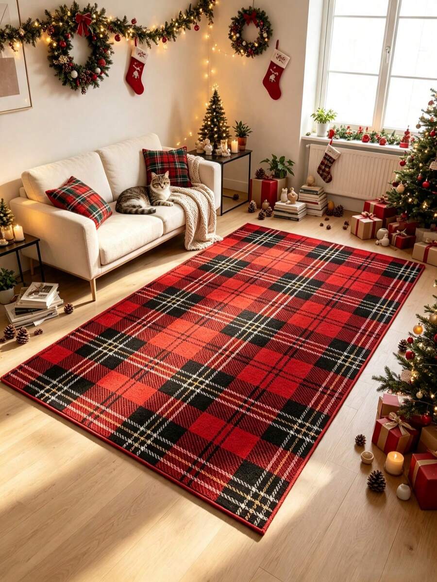 1pc Christmas Red Plaid Striped Area Rug, Living Room Carpet, Large Rug, Floor Mat, Christmas Carpet - Multicolor - View 1