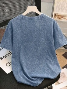 純棉夏季女款 Not MY PROBLE 塗鴉猴子圖案印花街頭 Y2K 風格黑色短袖大碼水洗 T 恤上衣 - 藏蓝色 - 查看 2