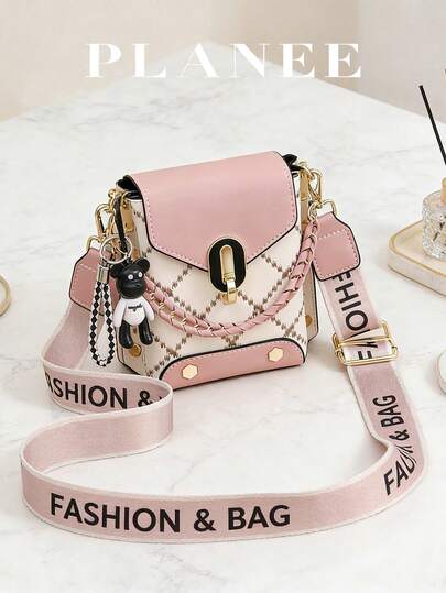 PLANEE Women's Wide Letter Strap Crossbody Bag, Pink And Plaid Mini Shoulder Bag With Bear Charm, Chain And Webbing Dual Strap Design, Fashionable Daily Small Handbag