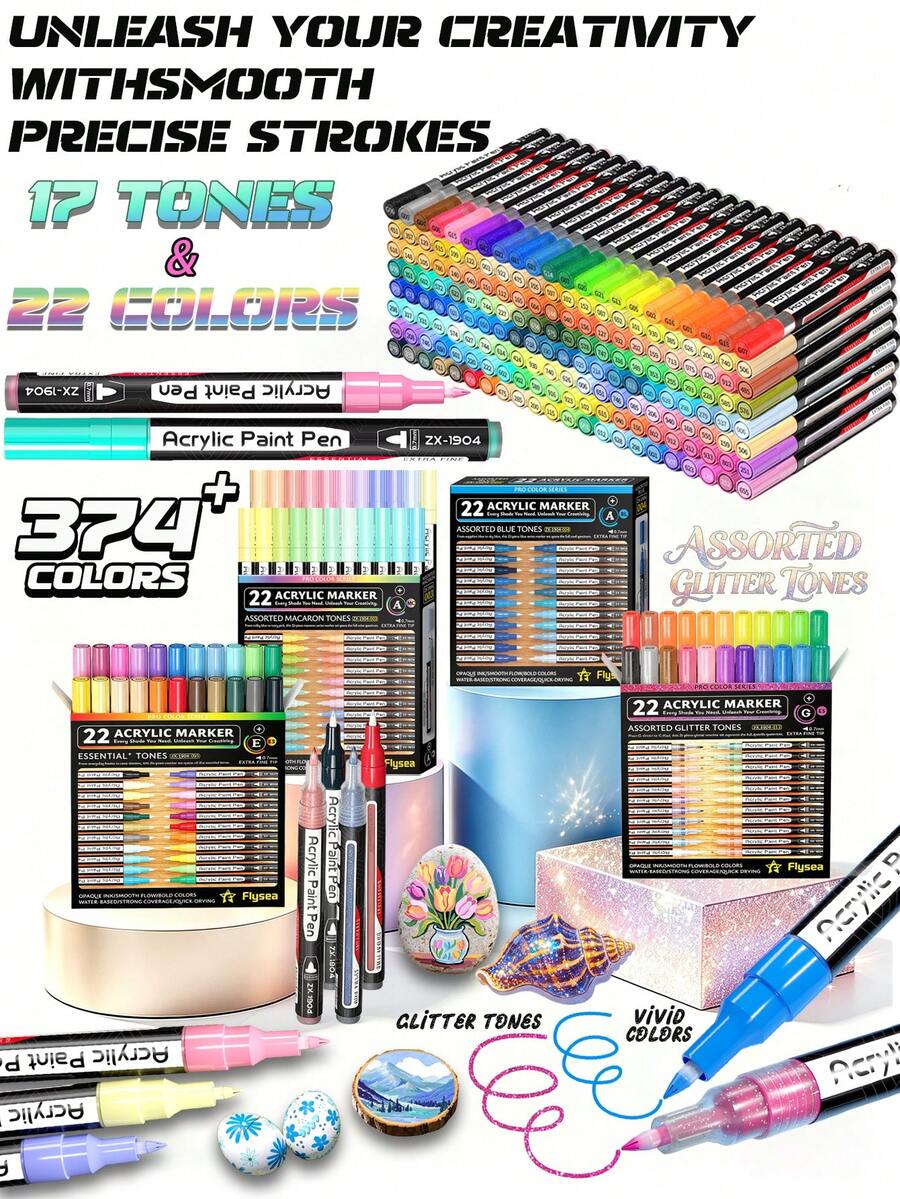 22-Color Set 17-Color Series 0.7mm Ultra-Fine Tip Acrylic Marker Pens, With Visible Ink Window, Water-Based Waterproof Quick-Dry High Coverage, Suitable For Stone, Canvas, Ceramic, Wood, Glass And Other Multi-Surface DIY Painting Art Set