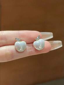 1pair Fashionable Rhinestone Apple Design Stud Earrings, Suitable For Daily, Party And Event Wear - White - View 6