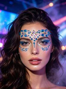 1pc Ocean Blue Iridescent Crystal Face Rhinestone Stickers, Self-Adhesive Rhinestone Face Stickers, Crystal Stickers, Suitable For Music Festival, EDM Party, Carnival, Halloween Makeup Decoration - Multicolor - View 6