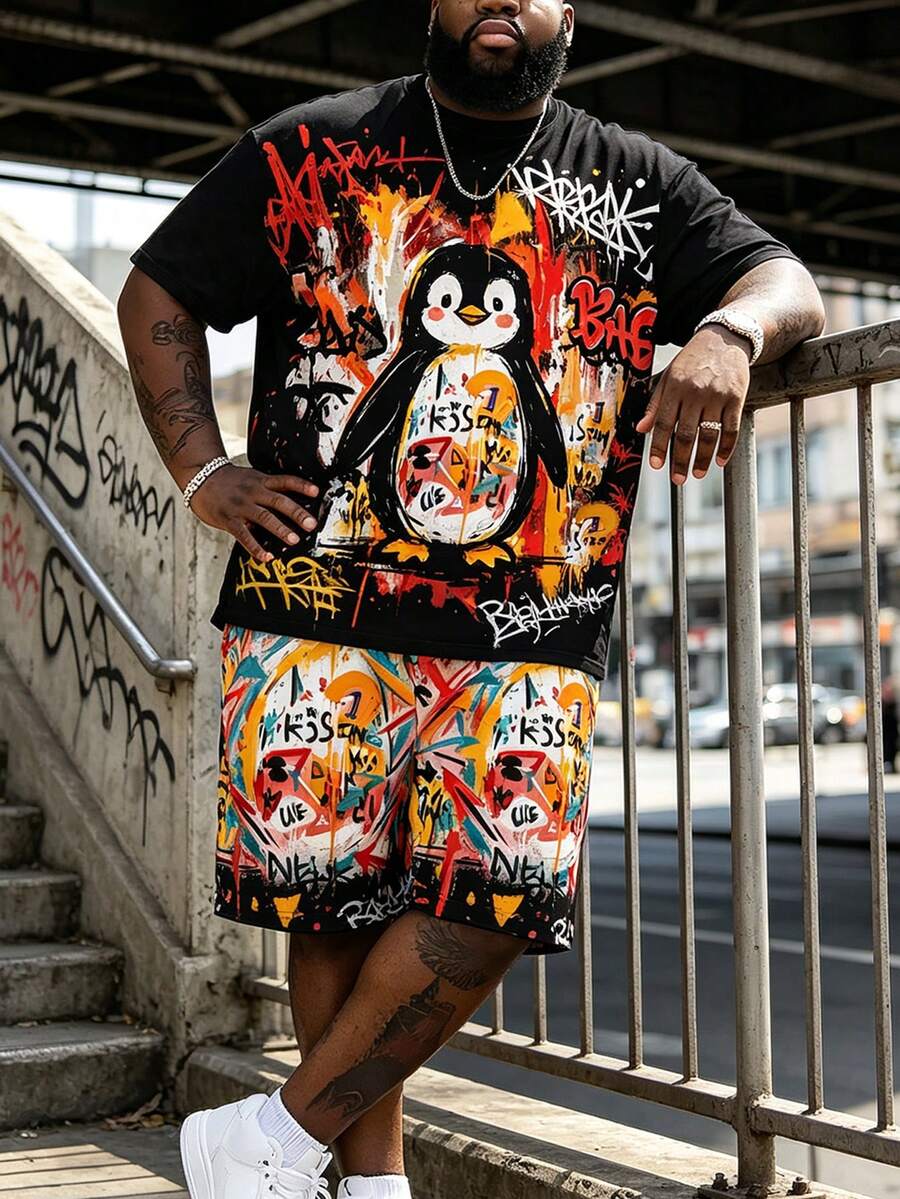 "Graffiti Cute Penguin Print" Pattern Sports Set - Polyester Knit Fabric, Plus Size Men's Street Casual Minimalist Series Crew Neck Design, Drawstring Shorts, Pocket Details, Regular Fit, Suitable For Plus Size Body - Black - View 1