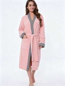 1pc Plus Size Oversized Sexy Minimalist Couple Bathrobe With Pockets, Coral Fleece, Absorbent - Watermelon Pink - View 4