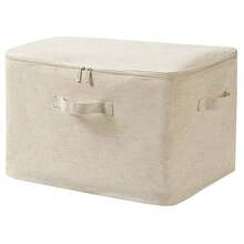 Foldable Bone-Framed Storage Bag Linen-Texture Zipper Clothes Organizer With Dual Handles Dust-Proof Fabric Storage Bin For Quilt Clothing Closet Organization Bedroom Under Bed Container - Beige - View 4