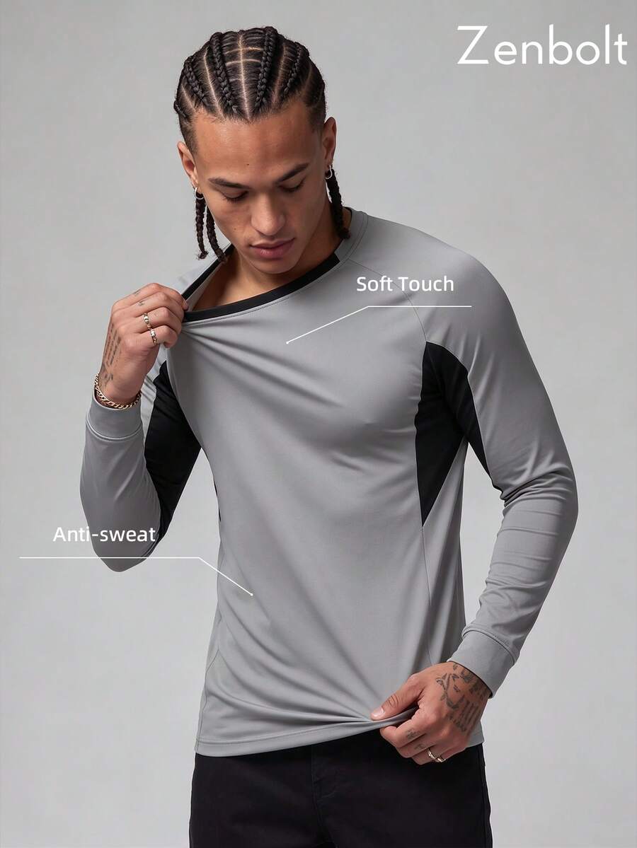 Zenbolt Men's Colorblock Raglan Sleeve Slim Fit Sports T-Shirt, Long Sleeve Crew Neck Workout Athletic Top,For Training Outdoor Sports Wear - Light Grey - View 1