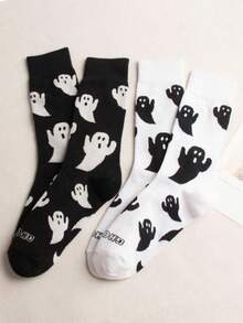 2 Pairs Women's Humorous Ghost Pattern Mid-Calf/Short Socks, Suitable For All Seasons, Casual And Cute, Perfect For Daily Wear - Multicolor - View 5