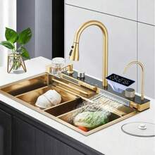 LY Lava-platos de cocina: un lava-platos de estilo moderno con salida de agua tipo cascada, que incluye un grifo mezclador tres en uno, un grifo con filtro, una pantalla LED, un dispensador de jabón líquido, una conexión para lavavajillas y un panel de control tipo piano.(75 cm x 45 cm x 21 cm) - Oro cepillado - Ver 1