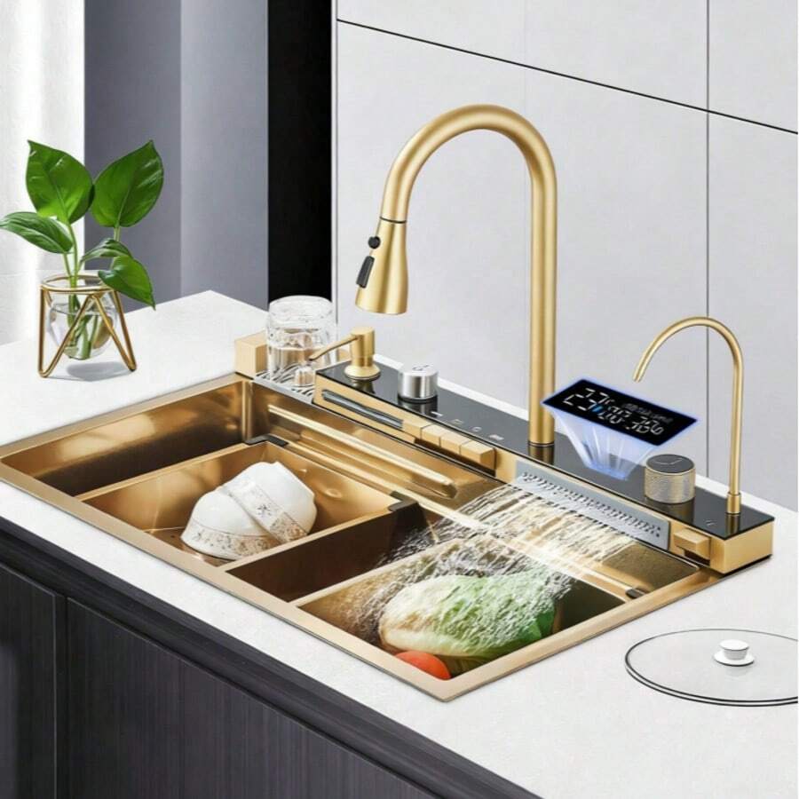 LY Lava-platos de cocina: un lava-platos de estilo moderno con salida de agua tipo cascada, que incluye un grifo mezclador tres en uno, un grifo con filtro, una pantalla LED, un dispensador de jabón líquido, una conexión para lavavajillas y un panel de control tipo piano.(75 cm x 45 cm x 21 cm) - Oro cepillado - Ver 1