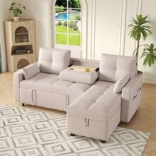 L‑Shaped Convertible Corner Sofa Bed, Reversible Chaise, Pull‑Out Sleeper Sofa With Storage Compartment, Flip‑Down Wooden Tray & Dual Cup Holders, Linen Fabric Sectional Couch For Living Room Bedroom - Beige - View 9