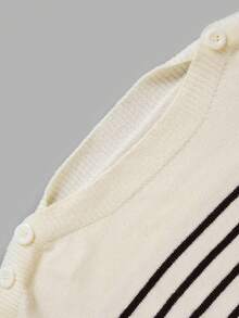 Autumn White Black Striped Boat Neck Knit Sweater For Women Petal Sleeve Shoulder Button Ribbed Waist Soft Knit Tops Casual Fall Daily Outfits - White - View 5