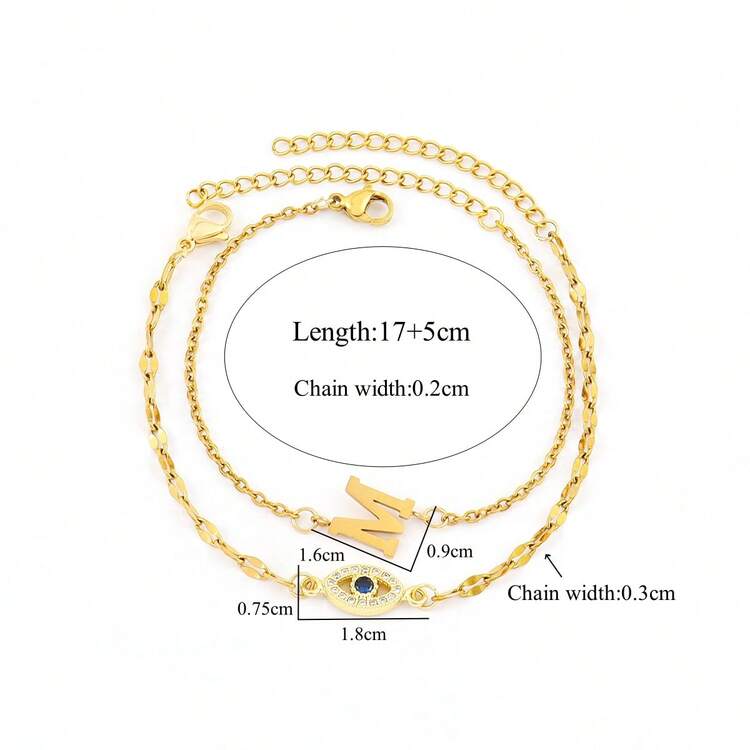 2Pcs/Set New Fashion Block Initial Eye Golden Stainless Steel Chain Layered Bracelets For Women - Yellow Gold - View 2