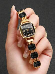 Reloj de pulsera digital cuadrado exquisito para mujer, reloj de cuarzo con incrustaciones de strass de corte de moda, regalo para novia (1 pieza/set) Caja de reloj no incluida - Negro - Ver 2