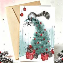 1 Greeting Card + 1 Envelope Adorable Christmas Greeting Card, Cat Playing With Tree "Merry Christmas" For Friends, Winter Holiday Festive Artistic Style Card. - Red Envelope - View 11