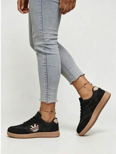 Jacquard Fabric Retro German Training Shoes For Women, Lace-Up Flat Casual Sneakers, Rubber Sole Daily Commute Women's Sports Shoes