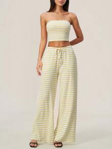 TimeOff Women's One Set Striped Strapless Bandeau Tank Top With Waist Drawstring And Side Pockets Wide Leg Pants 2 Pieces Set - Yellow - View 7